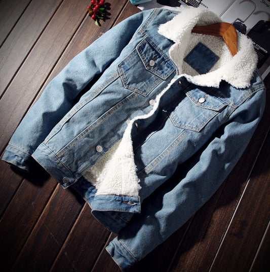 Denim Bomber Jacket with Fur Men Black High Quality Fashion Jeans Jacket Fleece Winter Jeansjacke Herren Men Blue Oversized