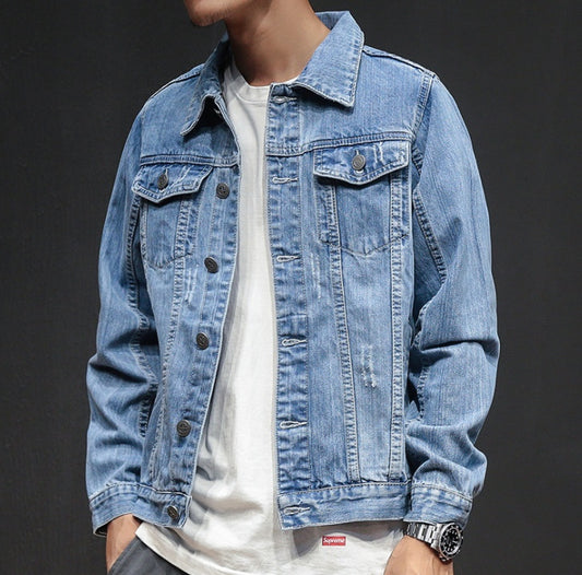 Spring and autumn period and the new men trend in Joker denim jacket Fashionable jean jacket lapel pure color