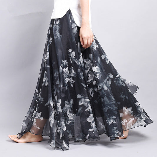 Bohemian Printed Chiffon Mid-Length Skirt, Floral Skirt, A-Line Skirt, Large Swing Female Skirt, Beach Long Skirt