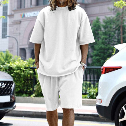 2pcs Loose Sports Suits Summer Round Neck Short-sleeved T-shirt And Drawstring Pockets Shorts Casual Solid Color Set Mens Clothing