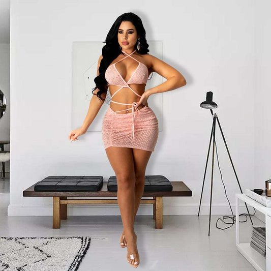 ANJAMANOR Sexy 2 Piece Set Bling Rhinestones Sheer Mesh Ruched Mini Skirts Club Outfits Women Summer Clothing D57-CG15