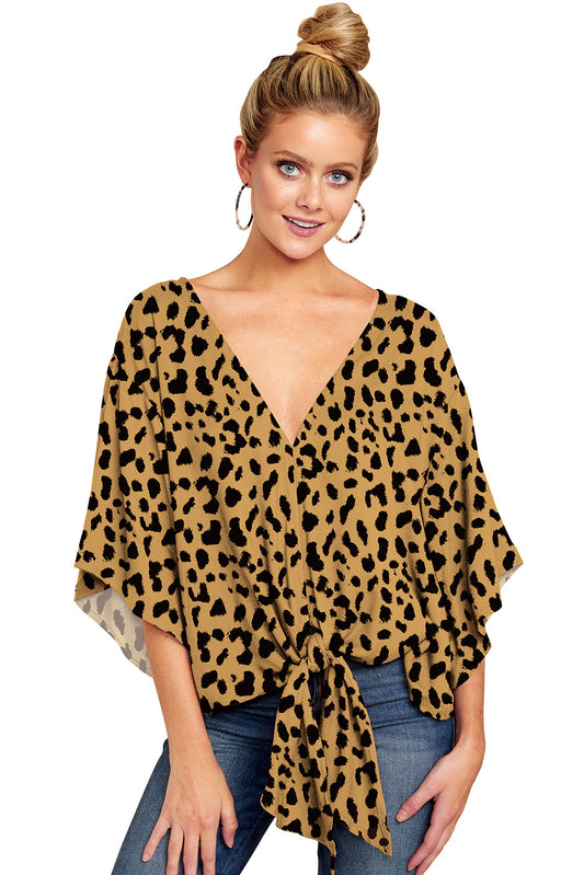 New V Neck Blouse Women Leopard Print Floral Tie Front Blouses Batwing Summer Oversize Ladies Tops