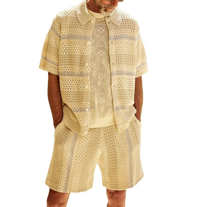 Knitted Cardigan Shorts Color Matching Two-piece Suit Men