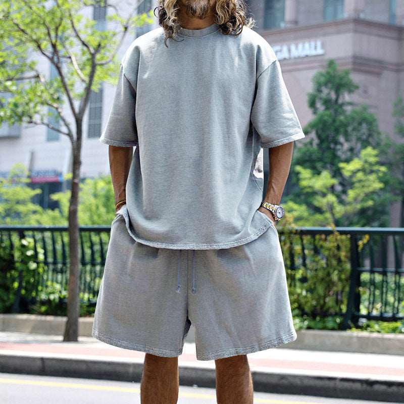 2pcs Loose Sports Suits Summer Round Neck Short-sleeved T-shirt And Drawstring Pockets Shorts Casual Solid Color Set Mens Clothing