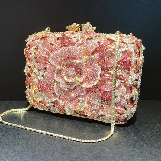 Metal Rose Diamond Chain Clutch Evening Bag